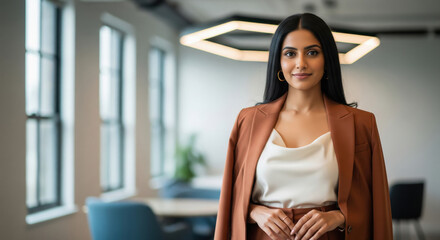 A young Indian businesswoman in a brown suit stands confidently in a modern, sunlit office environment.