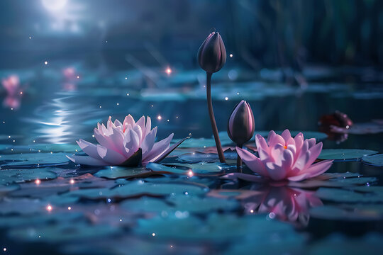 Pink water lilies and buds float on dark blue water with glowing lights water lily lotus