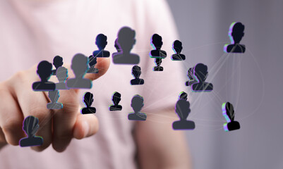 Obraz premium Hand touching network of people, representing connection, communication, social media, and teamwork. Concept fo