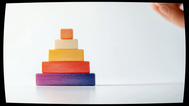 A colorful pyramid made of stacked wooden blocks, with a hand reaching towards the top block.