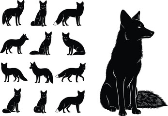 Collection of fox silhouettes, set of wild forest animals in various poses, black vector icon set, isolated on white background.