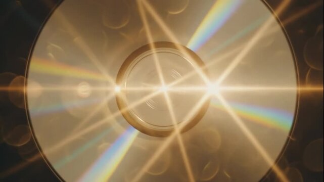 Sparkling CD macro reveals warm golden lens flares and bokeh