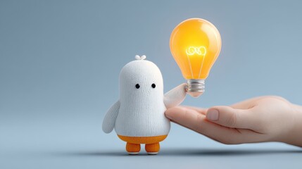 Small knitted character holding a glowing light bulb above a human hand offering support and encouragement