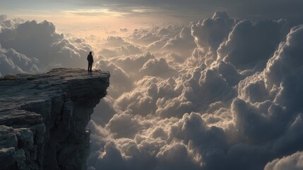 Person standing on the edge of a cliff overlooking a vast landscape filled with dramatic clouds at sunrise, evoking feelings of solitude