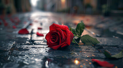 Single red rose with water droplets on cobblestone street during rain flower single flower