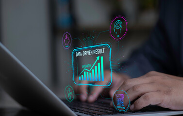 Businessman views a Data-Driven Result dashboard, showing growth analysis by centralizing data from Finance, HR, Sale, and Accounting.