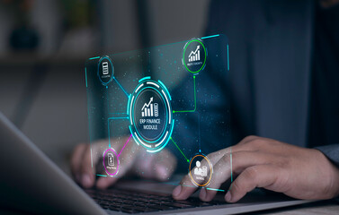 Businessman using laptop with an ERP Finance Module hologram, showing Accounting, Payroll, Billing, and Profit Growth analysis.