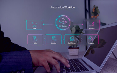 Businessman views an Automation Workflow on an ERP System hologram, showing the process from Sale to Fulfillment and Analysis.