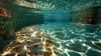 Underwater view of a mosaic tiled swimming pool with sunlight patterns