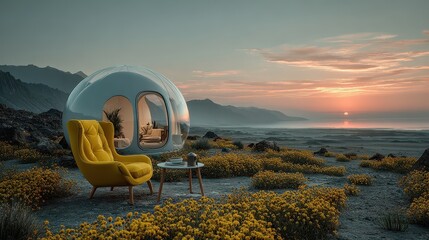 Futuristic pod structure nestled in rocky landscape near mountains during sunset provides comfortable space for relaxation
