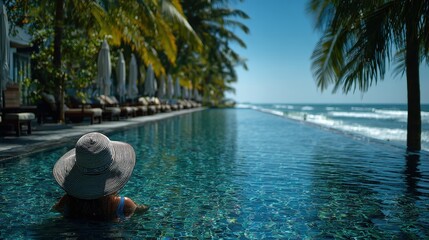 Woman relaxes in an infinity pool at a tropical resort overlooking the ocean