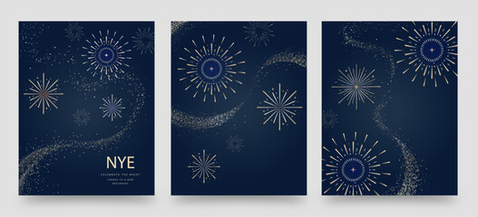 Elegant NYE Poster Banner Flyer Invite Vector Templates with Gold Fireworks, Sparkle Trails, and Dark Background for New Year Celebration