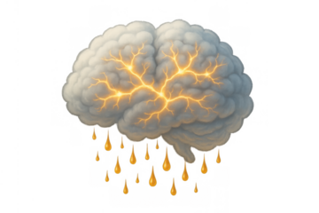 Brain cloud generating glowing lightning and golden idea drops, symbolizing creativity and brainstorming in a mind storm