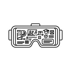 Vr headset showing digital learning and collaboration icons, symbolizing modern education and virtual experiences.