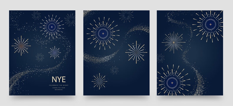 Elegant NYE Poster Banner Flyer Invite Vector Templates with Gold Fireworks, Sparkle Trails, and Dark Background for New Year Celebration