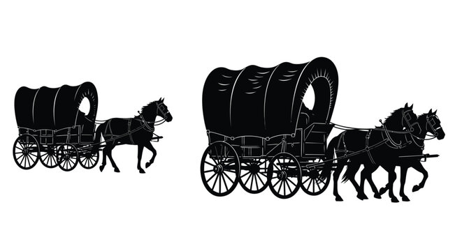 Black silhouette illustration depicting two horse drawn wagons traveling together