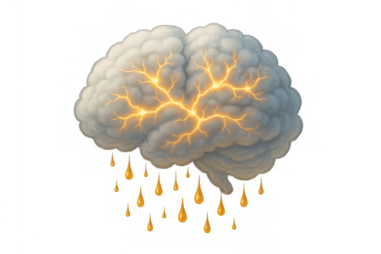 Brain cloud generating glowing lightning and golden idea drops, symbolizing creativity and brainstorming in a mind storm