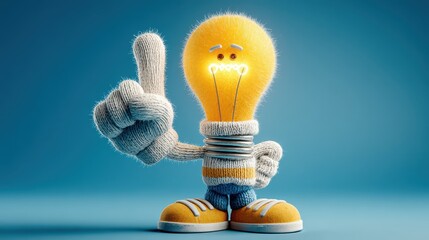 Small knitted character holding a glowing light bulb above a human hand offering support and encouragement