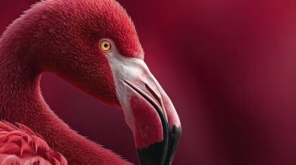 Close-up portrait of a brightly colored American flamingo against black background, showcasing feather details and unique beak shape
