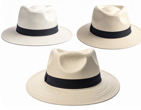 Three Natural Straw Fedora Hats with Black Bands, Isolated on White Background