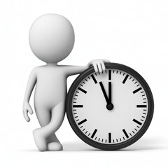 Minimalist 3d character leaning on a clock symbolizing time management and deadlines
