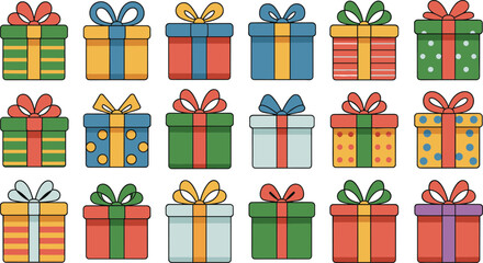 Large collection of cartoon gift boxes, colorful presents with ribbons, vector icon set for holiday, Christmas, and birthday, isolated. © Vector Sifat