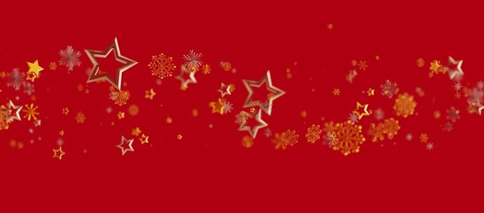 Christmas background with golden stars and snowflakes on a red background. Holiday season with festive abstract design. Great for Christmas card