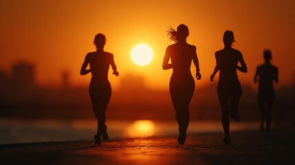 Silhouette of several women running at dusk, against the light of setting sun, exercising outdoors during evening in the warm light