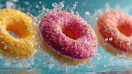 Colorful donuts with water splashes in the air create a vibrant and tempting scene for delicious desserts