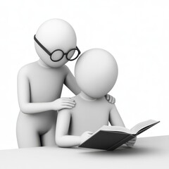 Gentle guidance two 3d figures reading a book together with mentorship and education theme