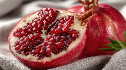 Close-up of ruby red Pomegranate fruit, one cut in half revealing the juicy arils, resting on a textured grey linen cloth