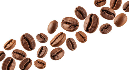 A diagonal flow of roasted coffee beans scattered across a clean white background