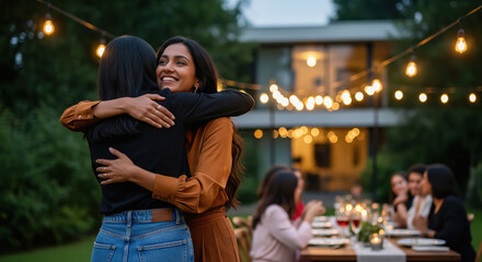 Two beautiful Indian women share a warm embrace at an outdoor evening gathering, surrounded by string lights and friends