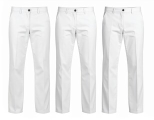 Three Pairs of Classic White Cotton Trousers on a White Background