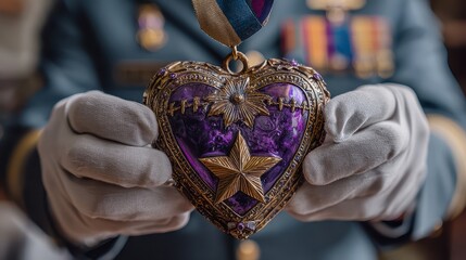 Person in uniform holds ornate antique heart pendant with white gloved hands