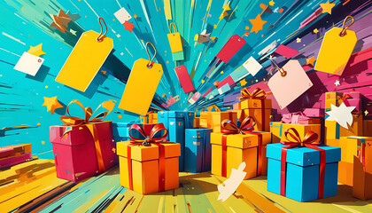 Vibrant Gift Boxes and Sale Tags with Dynamic Burst Background. Shopping, Celebration, and Discounts.
