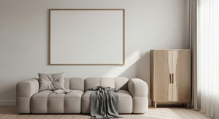 Modern living room with beige tufted sofa and large blank picture frame mockup