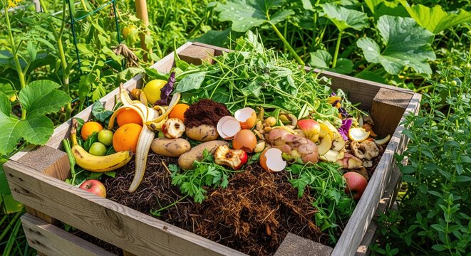 Open compost container filled with organic waste for eco-friendly gardening - Powered by Adobe