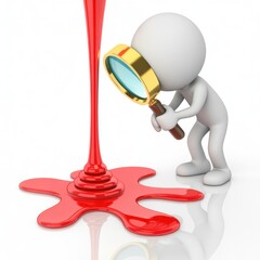 3d white stick figure examining red liquid with magnifying glass investigation concept