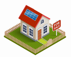 For sale sign next to a house. Isometric projection. Isolated on a white background. Vector illustration.