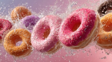 Colorful donuts with water splashes in the air create a vibrant and tempting scene for delicious desserts