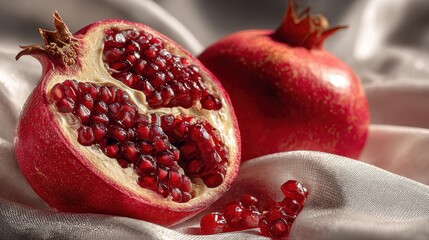 Close-up of ruby red Pomegranate fruit, one cut in half revealing the juicy arils, resting on a textured grey linen cloth