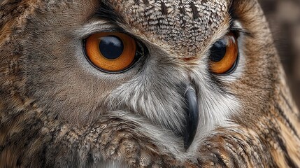 Close up of a Eurasian eagle-owl features striking orange eyes and detailed feather patterns, showcasing its intensity and wild beauty