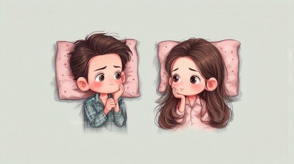 An anime illustration of a sad couple lying apart in bed. The scene conveys relationship problems, conflict, and emotional distance. Perfect for articles on love, psychology, or breakups.