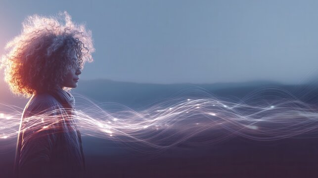 Profile of a woman with her hair backlit by the sun, with glowing lines of light flowing past. A futuristic concept of data, energy, and AI. Ideal for tech and innovation themes.