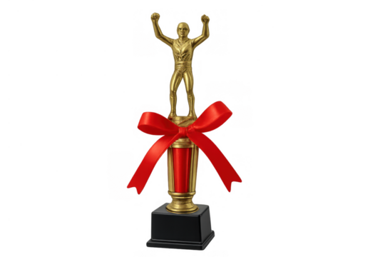 Gold trophy with a winner figurine and red ribbon celebrating success, victory, achievement, and competition, isolated on transparent background - Powered by Adobe