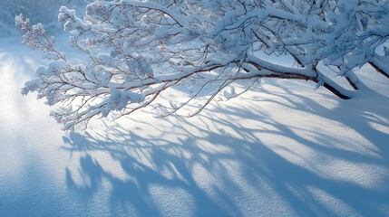 Crisp winter scene showcases a tree branch laden with fresh snow casting long shadows across a snow covered ground