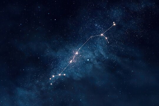 A celestial map shows a bright constellation against a deep-blue, starry night background