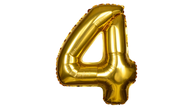 A shiny golden balloon shaped like the number 4 isolated on a white background, perfect for birthdays, celebrations, or party-themed designs.