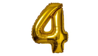 A shiny golden balloon shaped like the number 4 isolated on a white background, perfect for birthdays, celebrations, or party-themed designs.